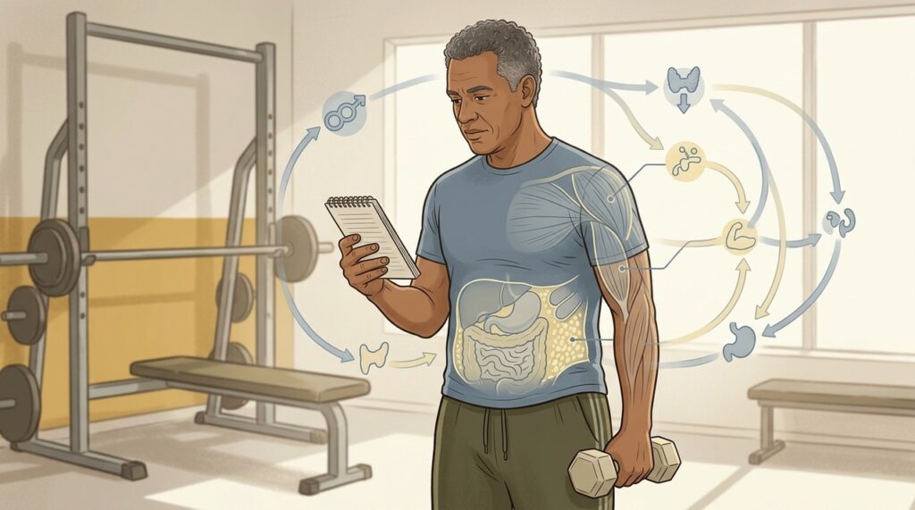 Menos massa muscular e mudanças hormonais podem reduzir o gasto energético na meia-idade.