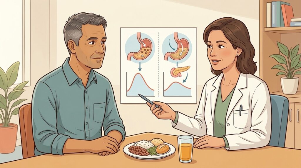 Estudos sugerem efeito modesto do ácido acético sobre a resposta glicêmica pós-refeição.