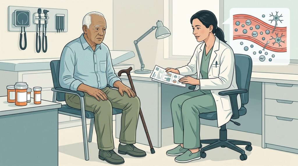 Alterações cognitivas em idosos justificam avaliação de eletrólitos e medicamentos em uso.