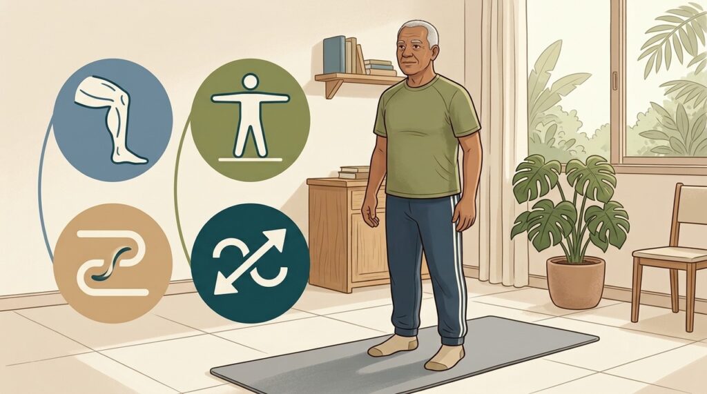 Levantar do chão com pouco apoio combina mobilidade, força, equilíbrio e coordenação.