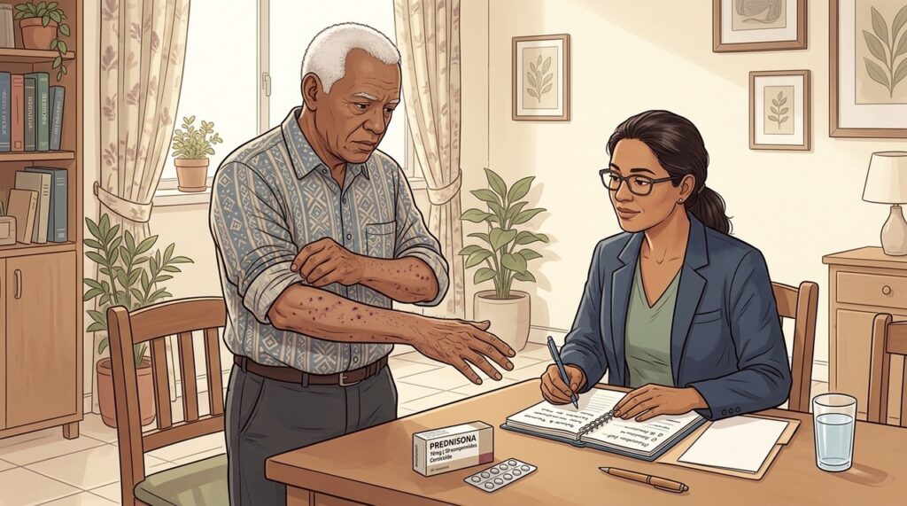 Manchas frequentes nos braços merecem revisão médica do tratamento com corticoide.