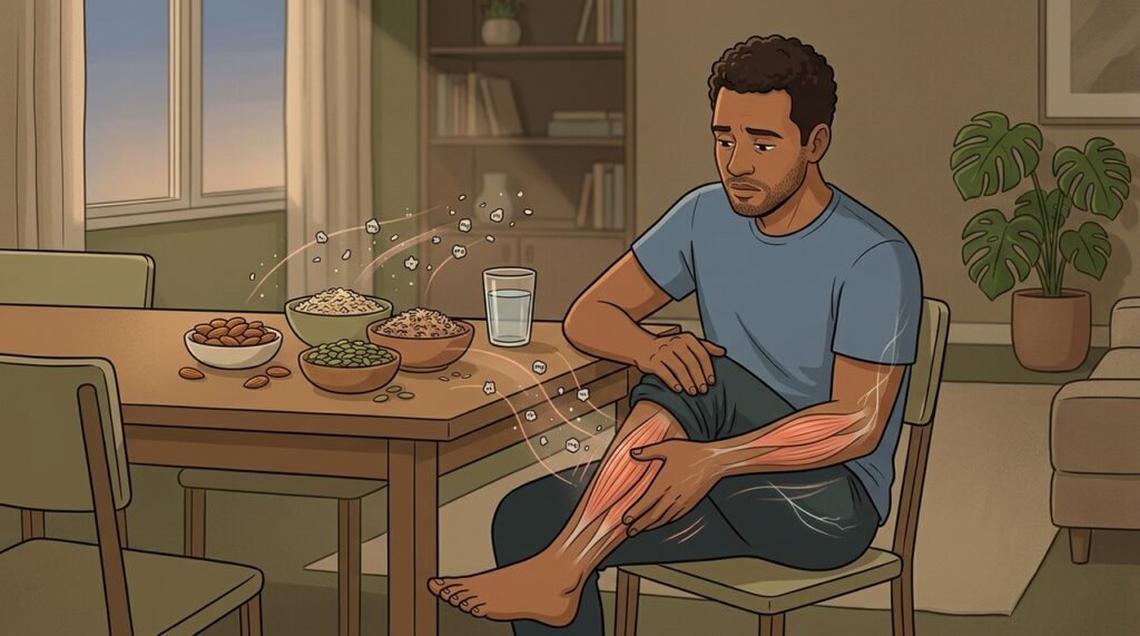 Magnésio participa da função nervosa e do equilíbrio entre contração e relaxamento muscular.