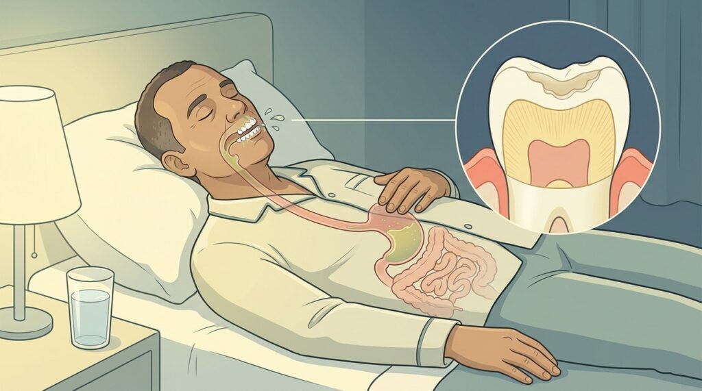 Durante o sono, o ácido pode atingir os dentes e favorecer erosão silenciosa.