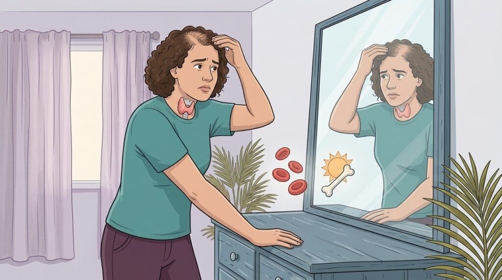 Cabelo, pele e energia podem revelar tireoide lenta ou carências nutricionais.