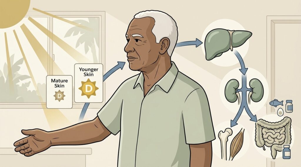 Envelhecimento reduz a produção cutânea, mas outras causas também afetam a vitamina D.