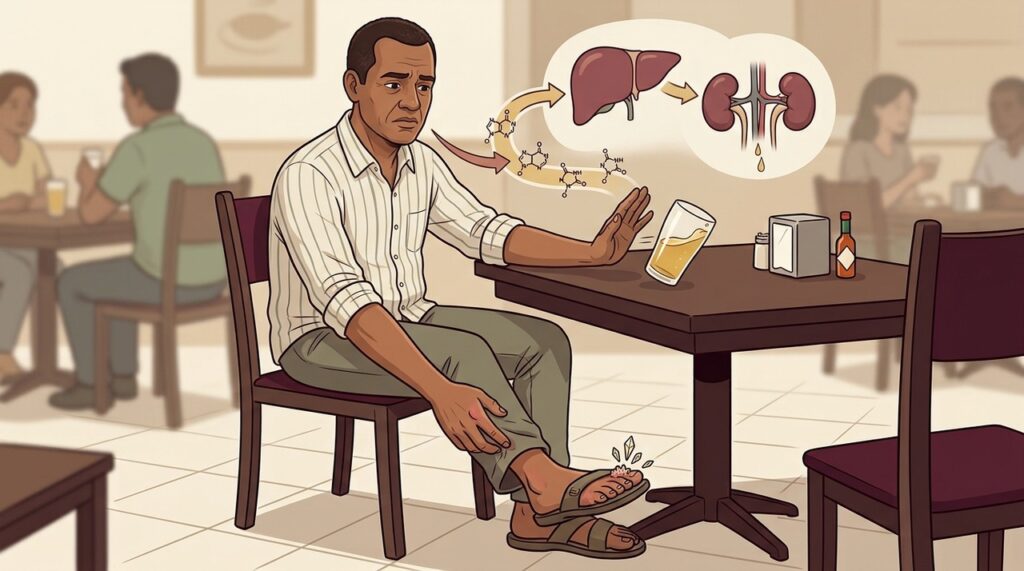 Álcool e purinas da cerveja atuam juntos no aumento do ácido úrico.