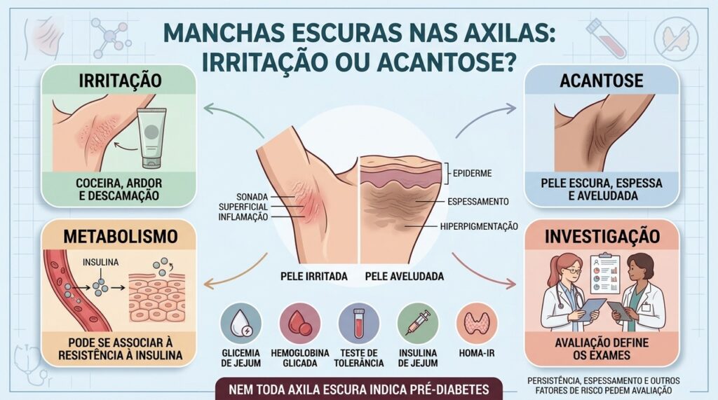 Irritação e acantose têm padrões diferentes e podem exigir investigações distintas.