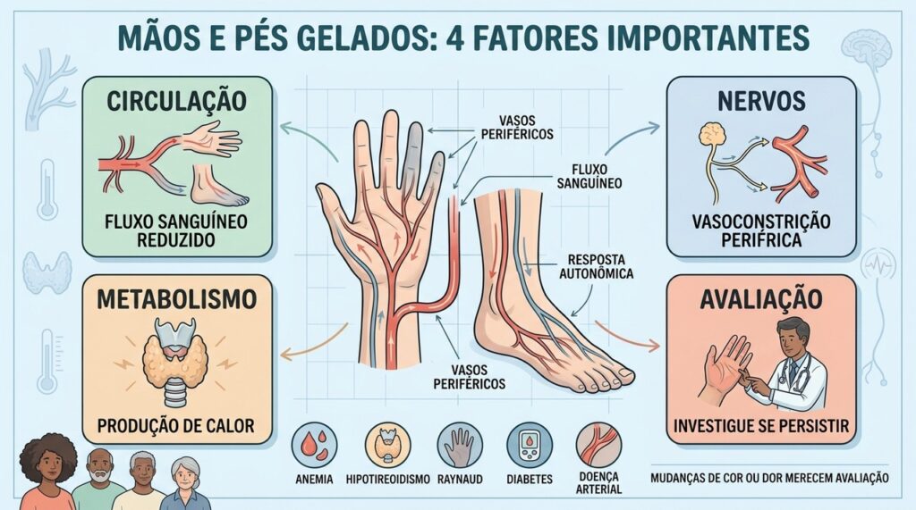 Circulação, sistema nervoso, metabolismo e condições clínicas influenciam a temperatura das extremidades.