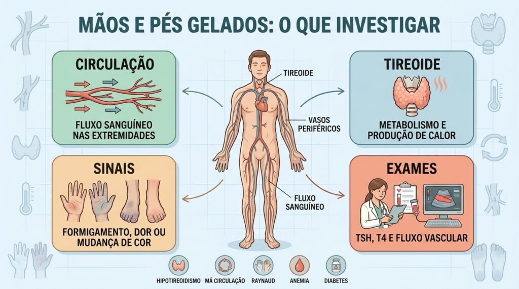 Circulação, tireoide, sinais e exames ajudam a investigar extremidades frias persistentes.