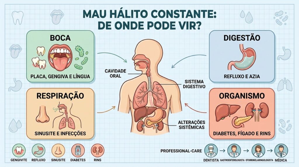 Boca, digestão, respiração e metabolismo podem estar envolvidos no mau hálito persistente.