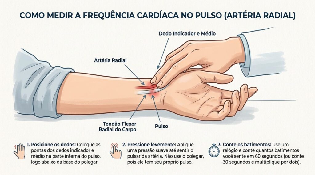 O pulso pode ser medido no punho após alguns minutos de descanso.