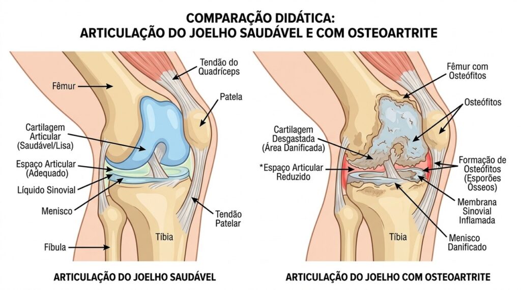 Na osteoartrite, alterações nos tecidos da articulação podem causar dor, rigidez e limitação dos movimentos.