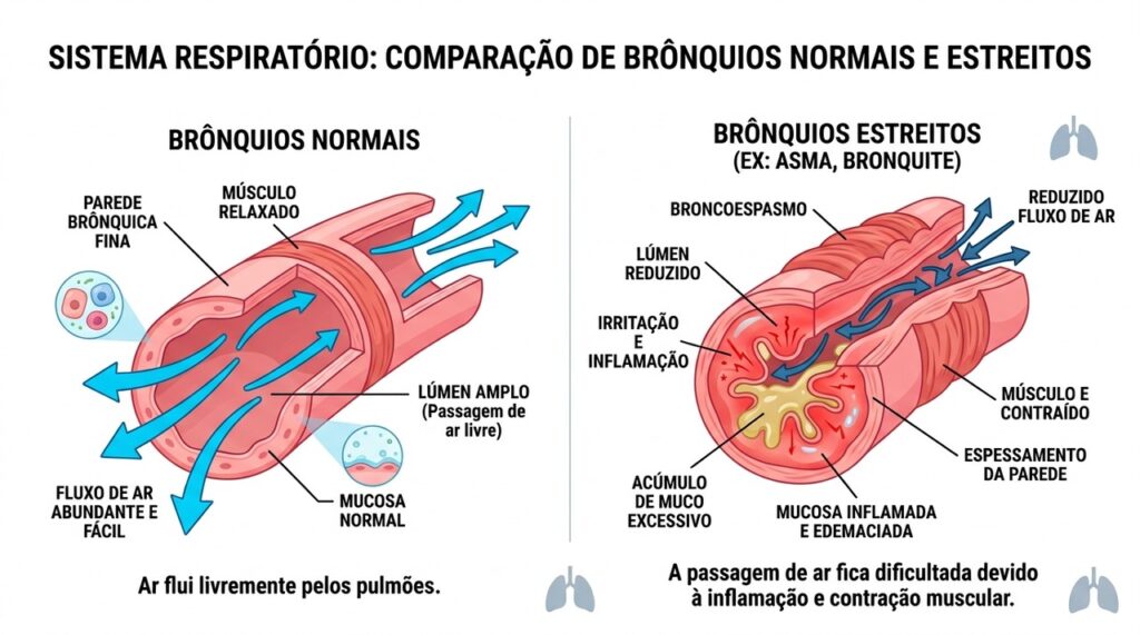 O estreitamento dos brônquios dificulta a passagem do ar e pode provocar o chiado característico da respiração.