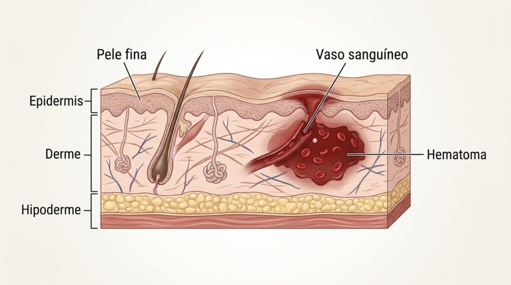 A pele mais fina oferece menos proteção aos vasos sanguíneos, facilitando hematomas após pequenos traumas.
