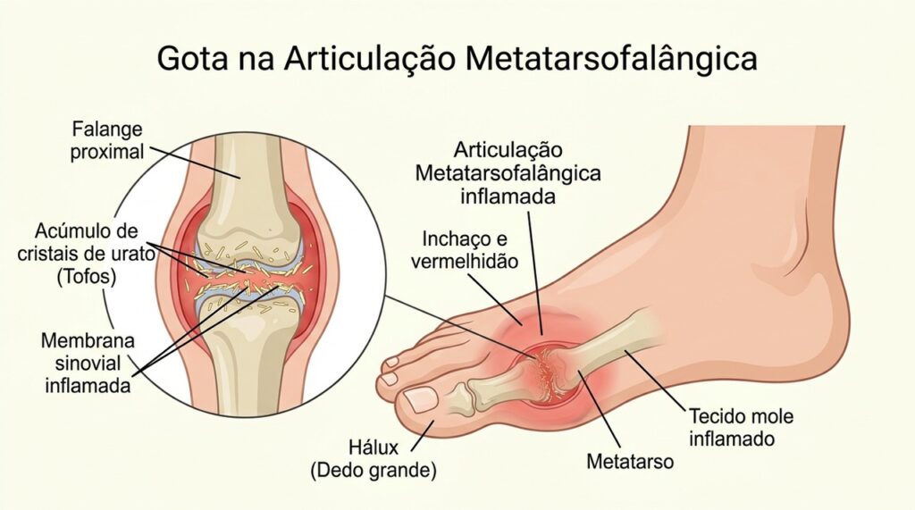 Na gota, cristais de urato se acumulam na articulação e podem provocar inflamação e dor intensa.