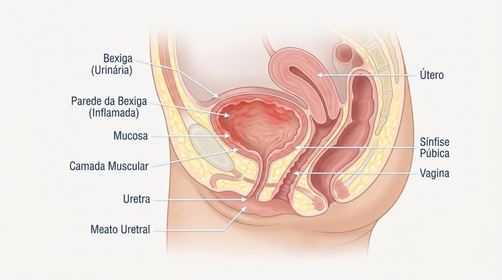 A cistite pode irritar a bexiga e causar ardor, urgência e aumento da frequência urinária.