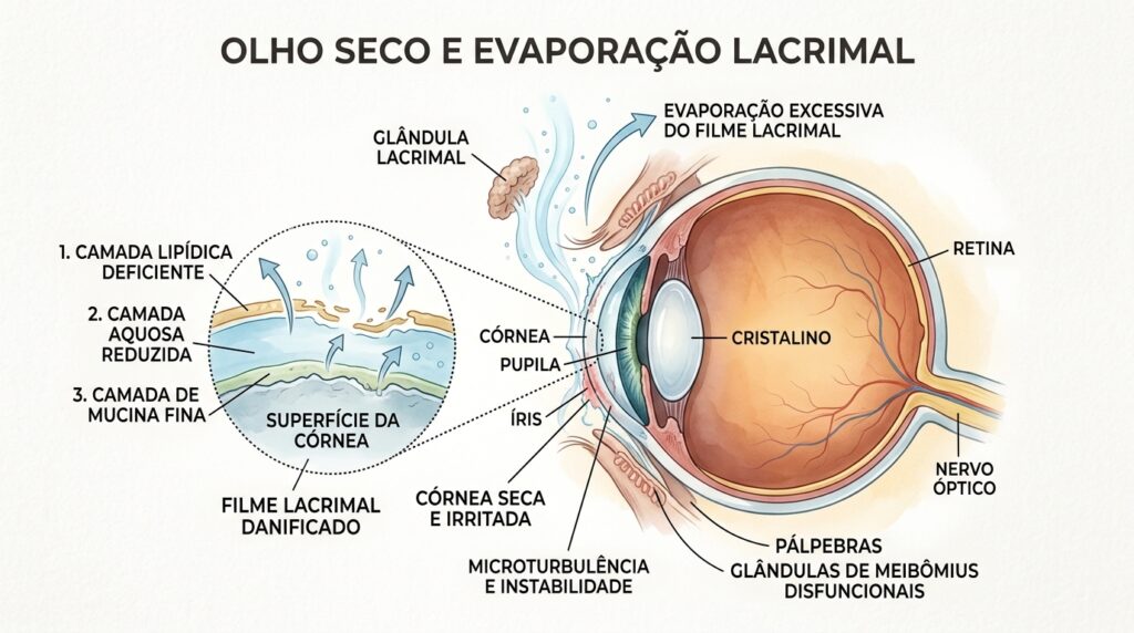 No olho seco, a produção insuficiente ou a evaporação rápida das lágrimas reduz a lubrificação ocular.