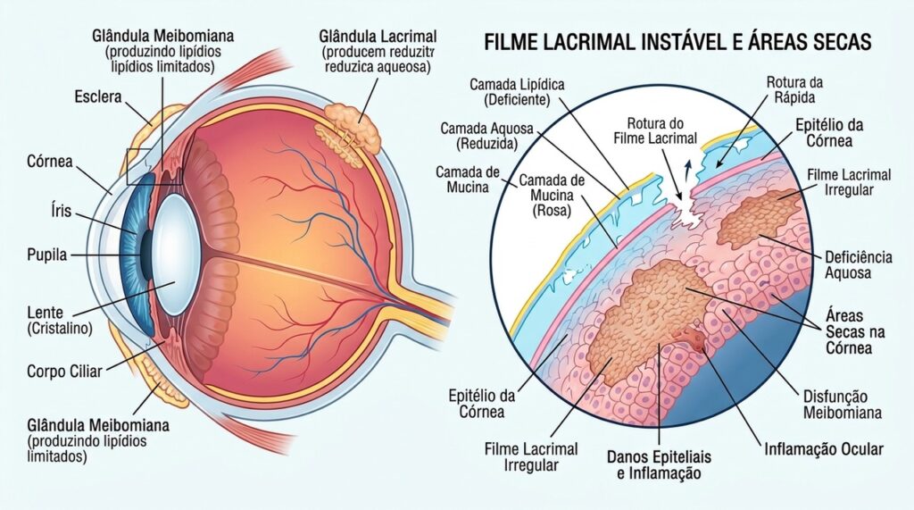 No olho seco, a instabilidade da película lacrimal deixa a superfície ocular menos protegida.