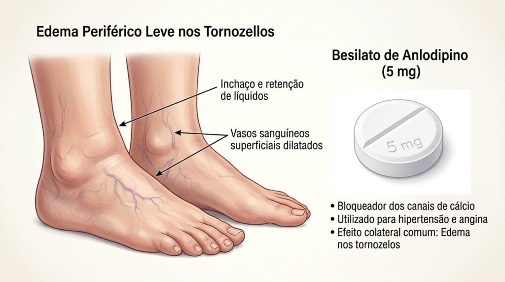 O anlodipino pode favorecer edema periférico, principalmente nos pés, tornozelos e pernas.