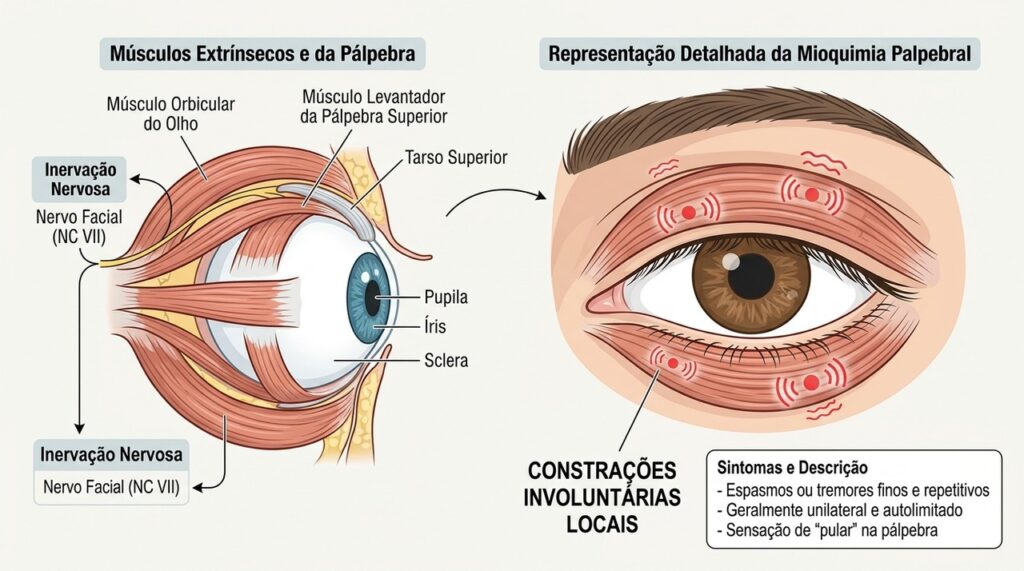 A miocimia palpebral provoca pequenas contrações involuntárias que geralmente ficam restritas à pálpebra.