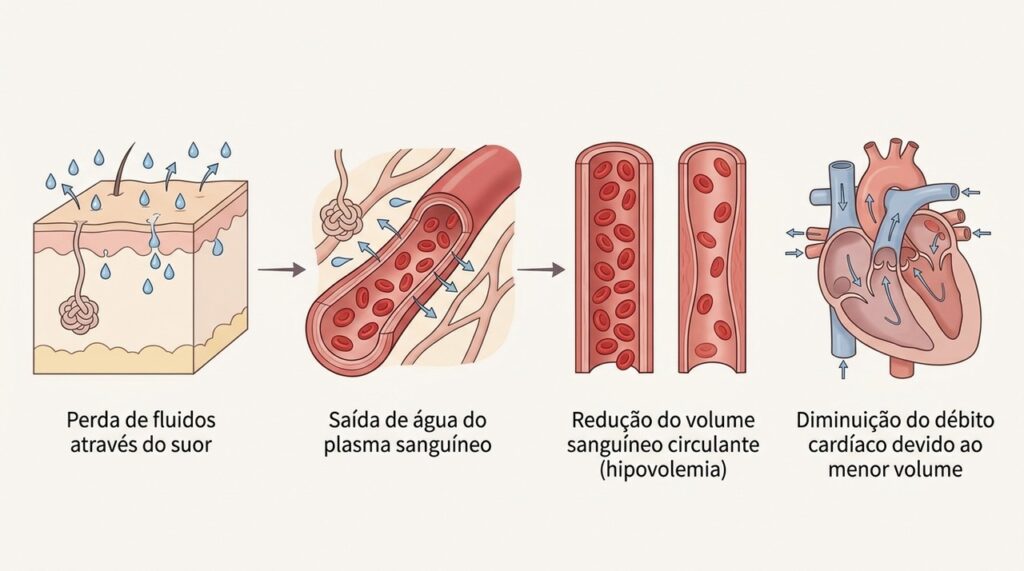 A perda excessiva de líquidos pelo suor pode favorecer desidratação, tontura e pressão baixa.