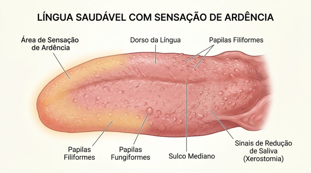 A ardência na língua pode ocorrer mesmo sem lesões visíveis e estar associada a alterações da saliva ou da sensibilidade oral.