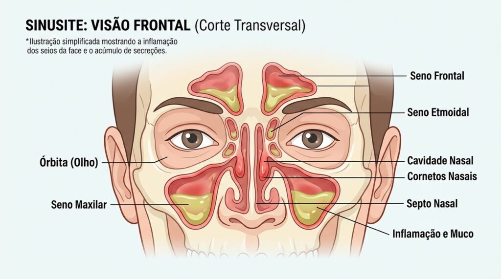 A inflamação e o acúmulo de secreção nos seios da face podem causar pressão, congestão e dor facial.