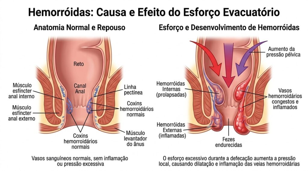O esforço para evacuar pode aumentar a pressão nos vasos da região anal e favorecer o desenvolvimento de hemorroidas.