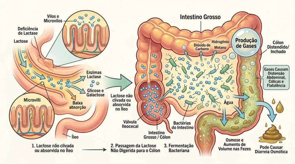 Na intolerância à lactose, o açúcar não digerido chega ao cólon e pode provocar gases e inchaço.
