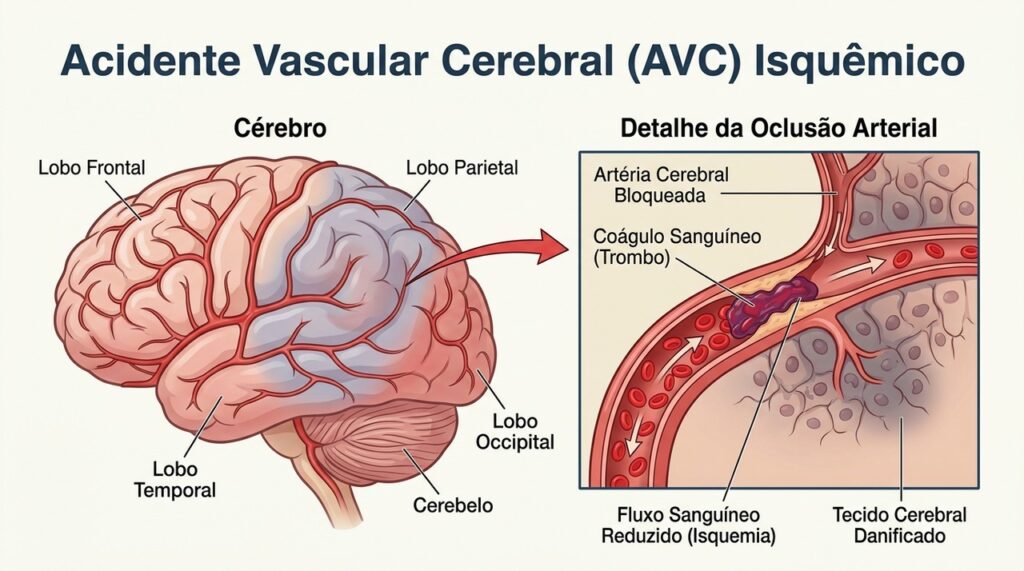 No AVC isquêmico, a interrupção do fluxo de sangue pode comprometer rapidamente funções controladas pelo cérebro.