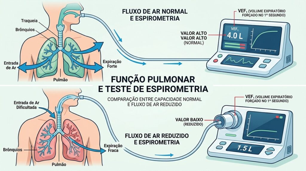 A espirometria ajuda a avaliar o fluxo de ar e pode fazer parte da investigação de doenças respiratórias.