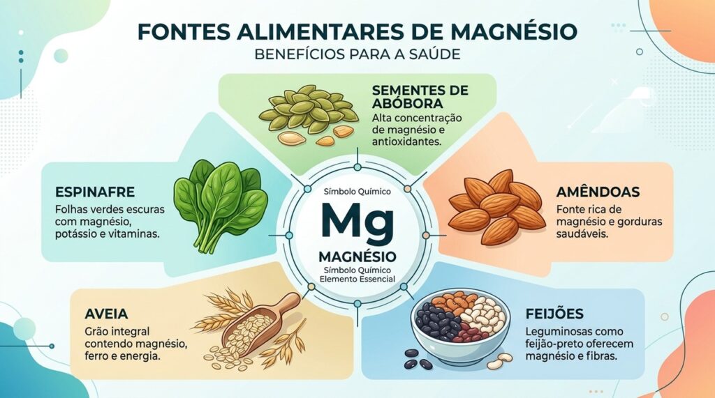 Sementes, castanhas, leguminosas e folhas verdes são fontes alimentares de magnésio.