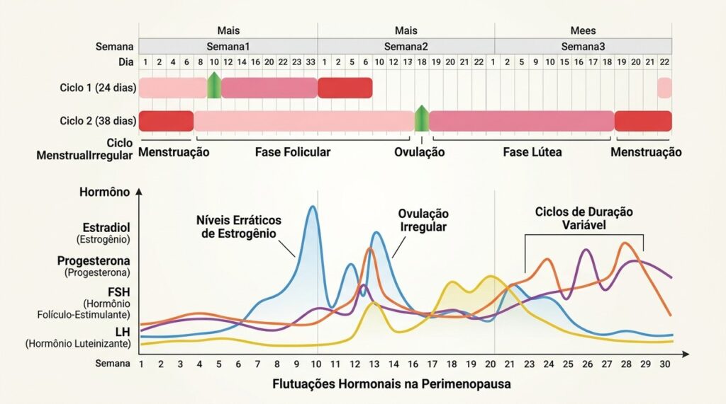 Na perimenopausa, oscilações hormonais podem tornar os ciclos menstruais mais irregulares.