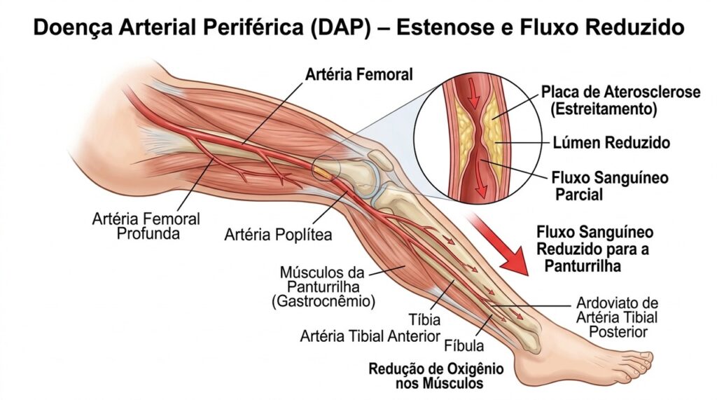 O estreitamento das artérias pode reduzir o fluxo de sangue para os músculos da perna durante a caminhada.
