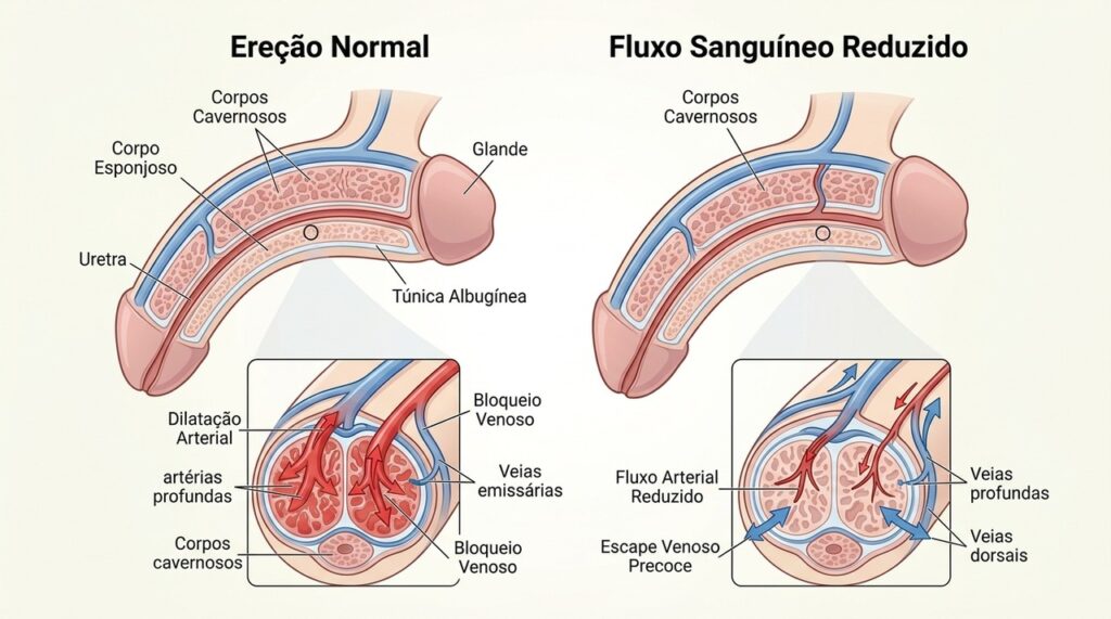 Alterações na circulação sanguínea podem interferir na capacidade de ter ou manter uma ereção.