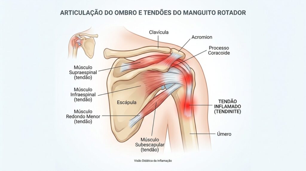 Inflamação ou lesão nos tendões do manguito rotador pode causar dor, fraqueza e piora do incômodo à noite.