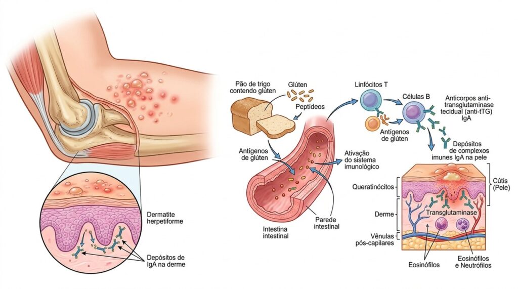 A dermatite herpetiforme é uma manifestação da doença celíaca que pode causar coceira intensa e bolhas na pele.