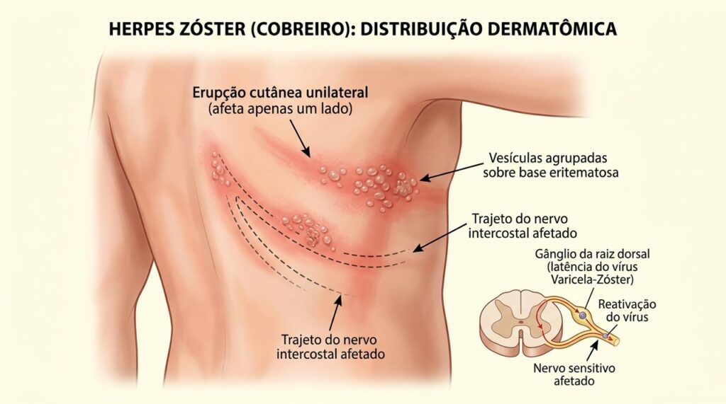 No cobreiro, as bolhas costumam surgir em faixa seguindo o trajeto de um nervo e afetar apenas um lado do corpo.