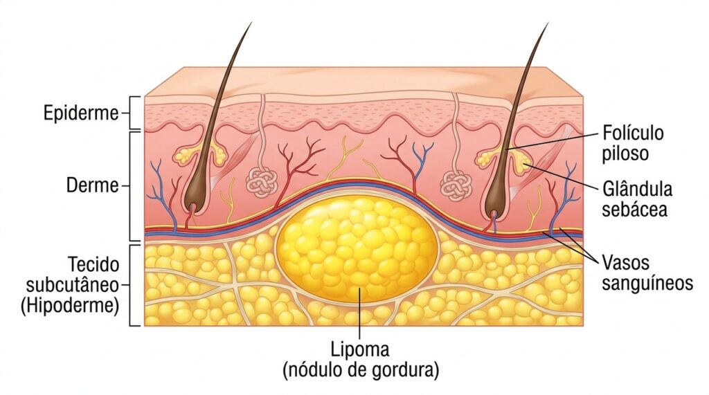 O lipoma é formado por tecido gorduroso e geralmente fica logo abaixo da pele.