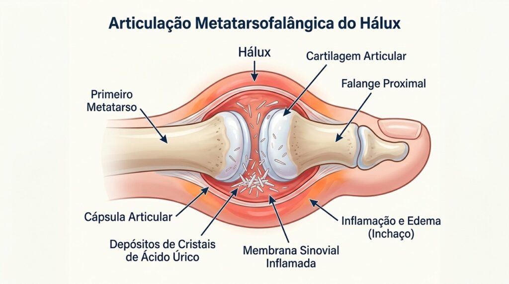 Na gota, cristais de ácido úrico podem se depositar na articulação e provocar inflamação intensa.