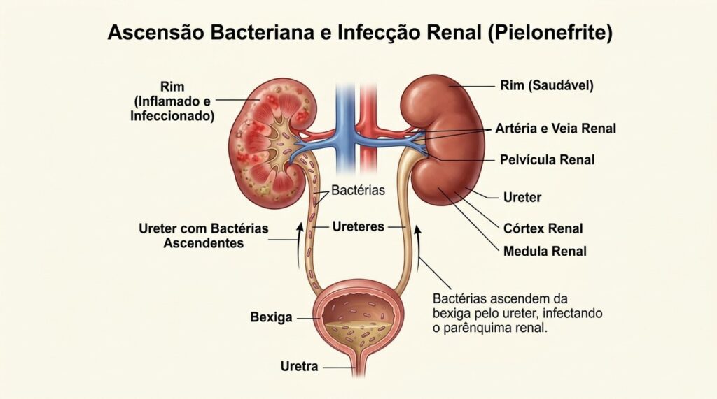 A pielonefrite pode ocorrer quando uma infecção da bexiga sobe pelo ureter e alcança o rim.