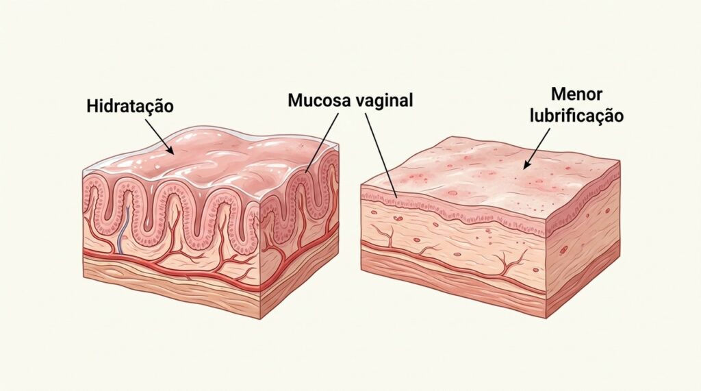 A queda do estrogênio pode deixar a mucosa vaginal mais fina, seca e sensível ao atrito.
