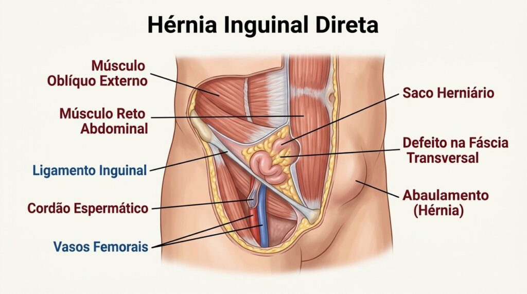 Na hérnia inguinal, tecido abdominal atravessa uma região enfraquecida e forma uma saliência na virilha.