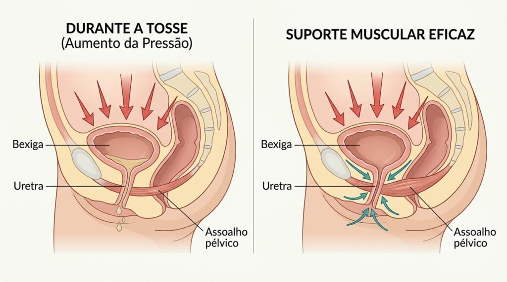 O assoalho pélvico ajuda a sustentar a bexiga e controlar a saída da urina durante esforços.