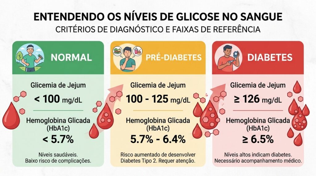 Glicemia em jejum e A1c possuem faixas específicas usadas na avaliação de pré-diabetes e diabetes.
