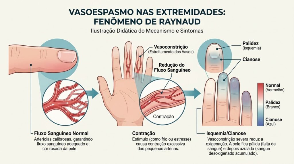 No fenômeno de Raynaud, pequenos vasos se contraem temporariamente e reduzem o fluxo de sangue nos dedos.