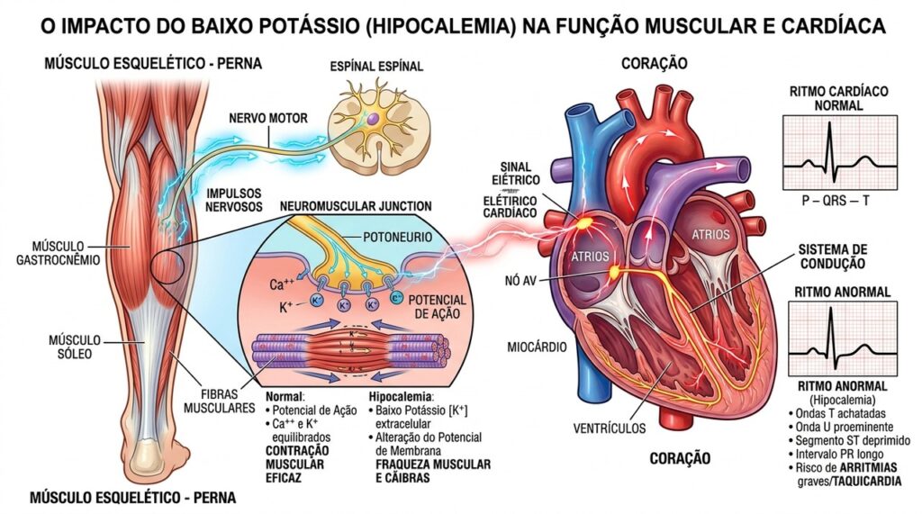O potássio participa dos sinais elétricos responsáveis pela contração muscular e pelo ritmo do coração.