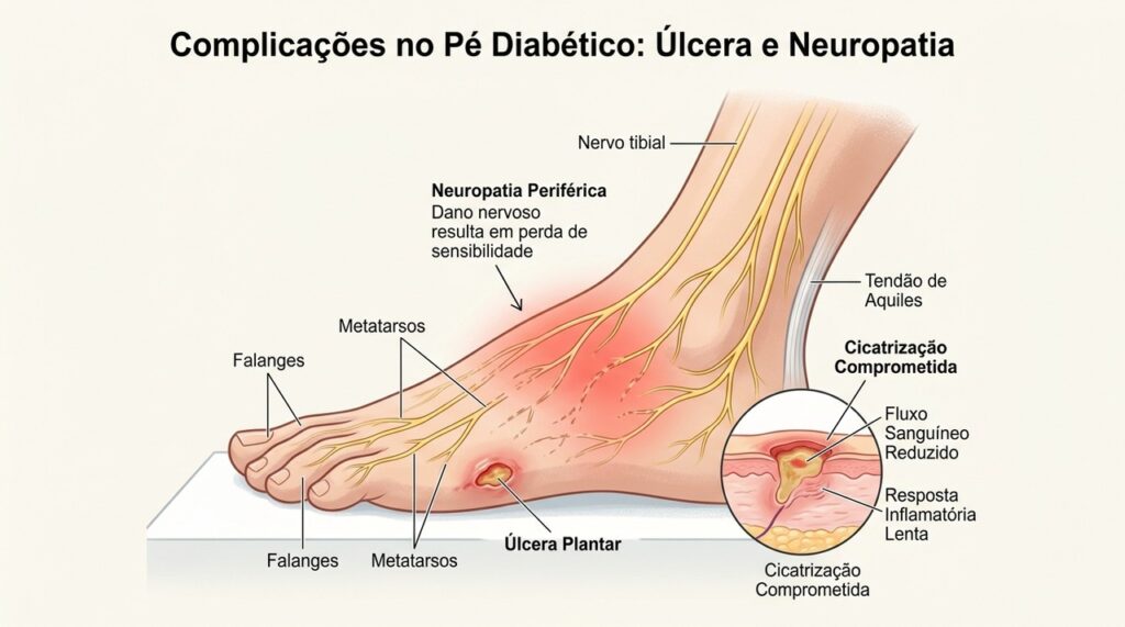 Neuropatia e circulação prejudicada podem favorecer feridas de difícil cicatrização no pé diabético.
