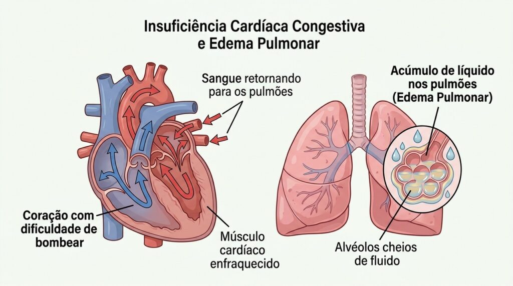 Na insuficiência cardíaca, o acúmulo de líquido pode contribuir para falta de ar, principalmente ao deitar.