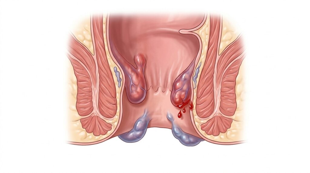 Hemorroidas são veias dilatadas na região anal que podem causar dor, coceira e sangramento vermelho vivo.